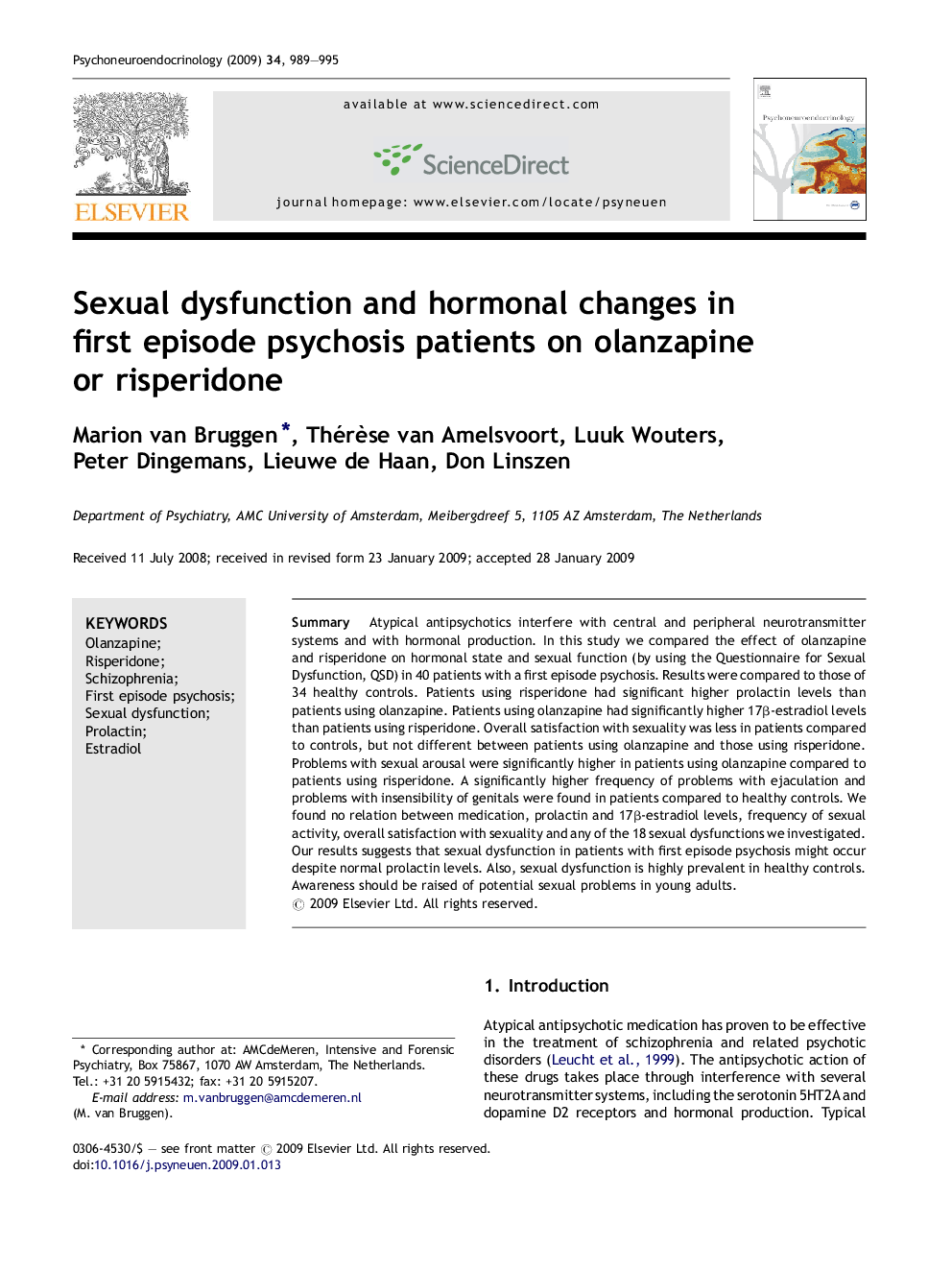 Sexual dysfunction and hormonal changes in first episode psychosis patients on olanzapine or risperidone