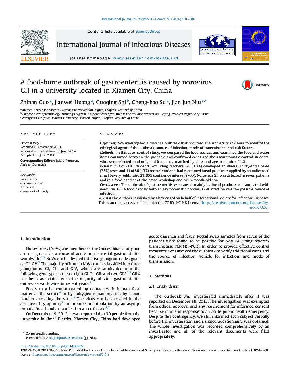 A food-borne outbreak of gastroenteritis caused by norovirus GII in a university located in Xiamen City, China