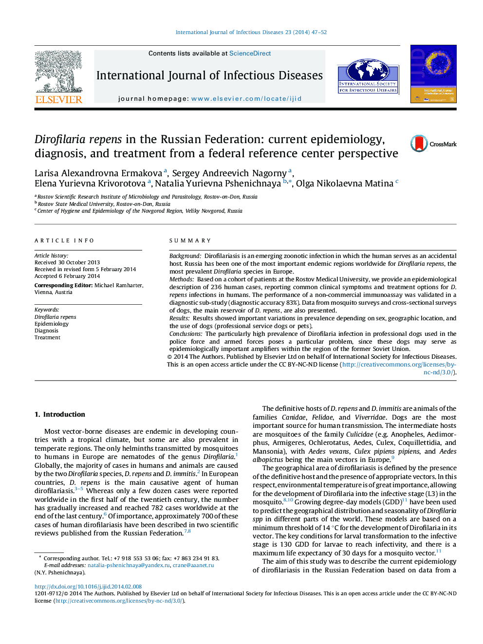 Dirofilaria repens in the Russian Federation: current epidemiology, diagnosis, and treatment from a federal reference center perspective