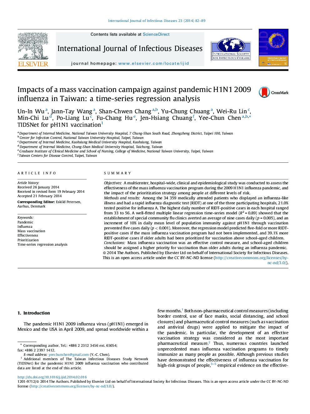 Impacts of a mass vaccination campaign against pandemic H1N1 2009 influenza in Taiwan: a time-series regression analysis