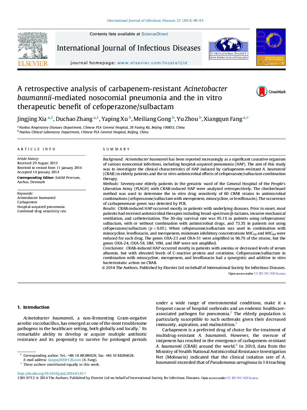 A retrospective analysis of carbapenem-resistant Acinetobacter baumannii-mediated nosocomial pneumonia and the in vitro therapeutic benefit of cefoperazone/sulbactam
