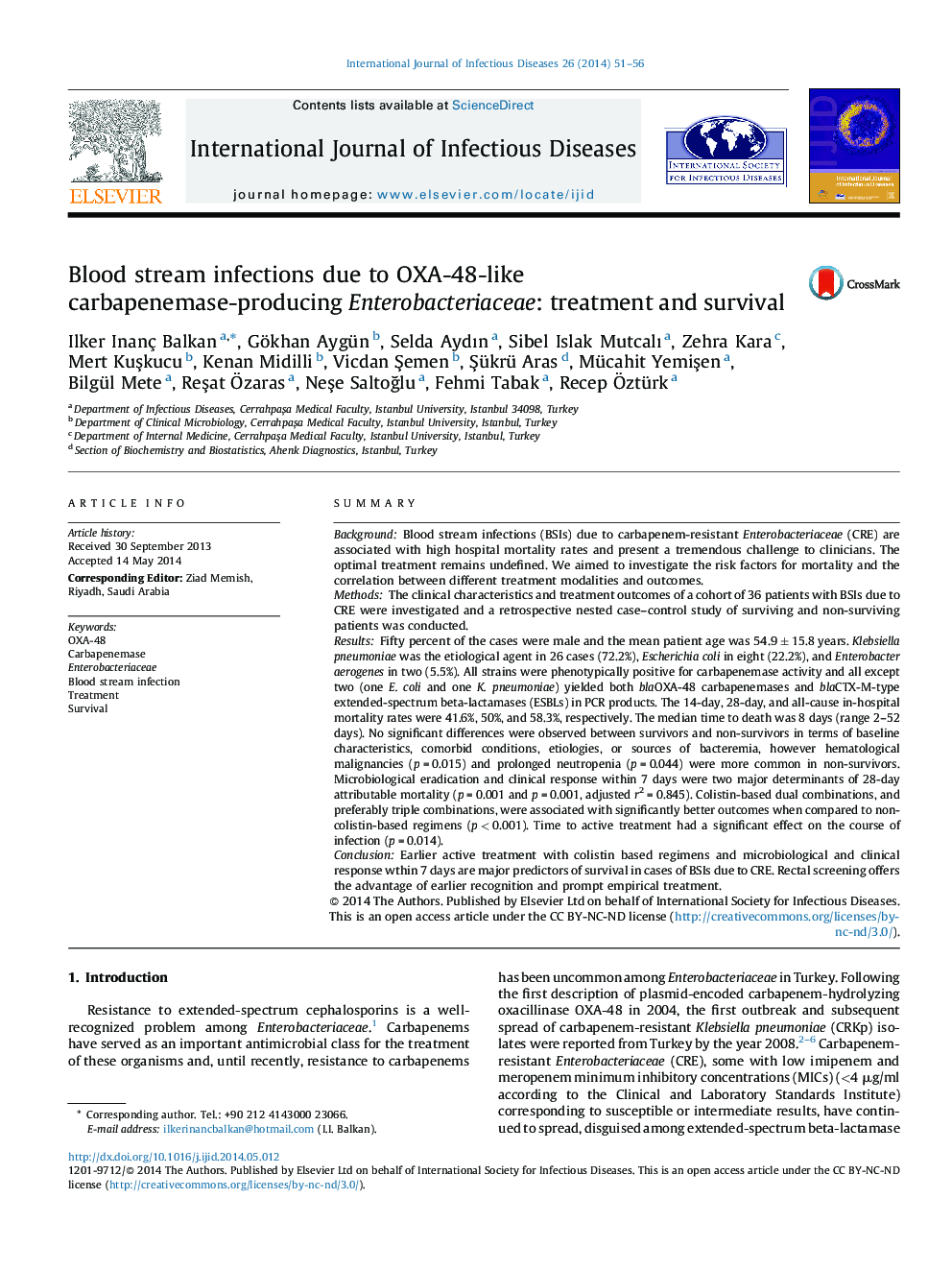 Blood stream infections due to OXA-48-like carbapenemase-producing Enterobacteriaceae: treatment and survival