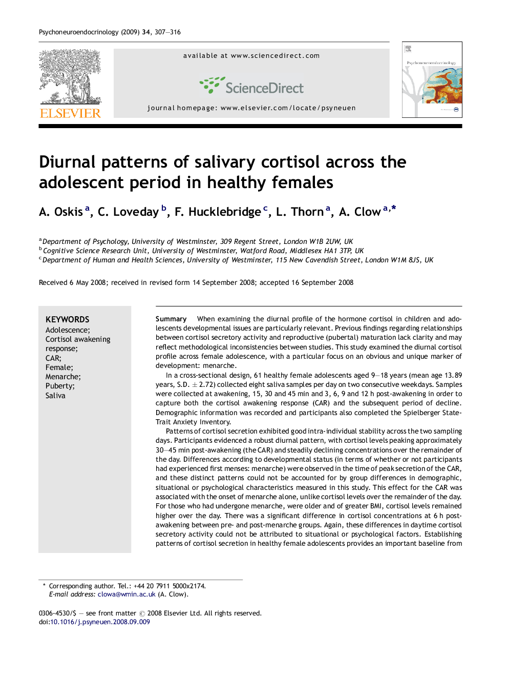 Diurnal patterns of salivary cortisol across the adolescent period in healthy females