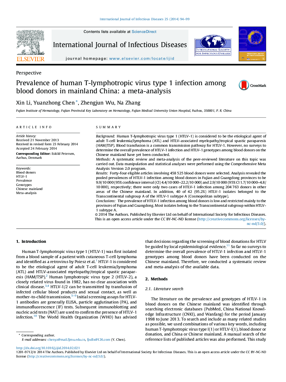 Prevalence of human T-lymphotropic virus type 1 infection among blood donors in mainland China: a meta-analysis