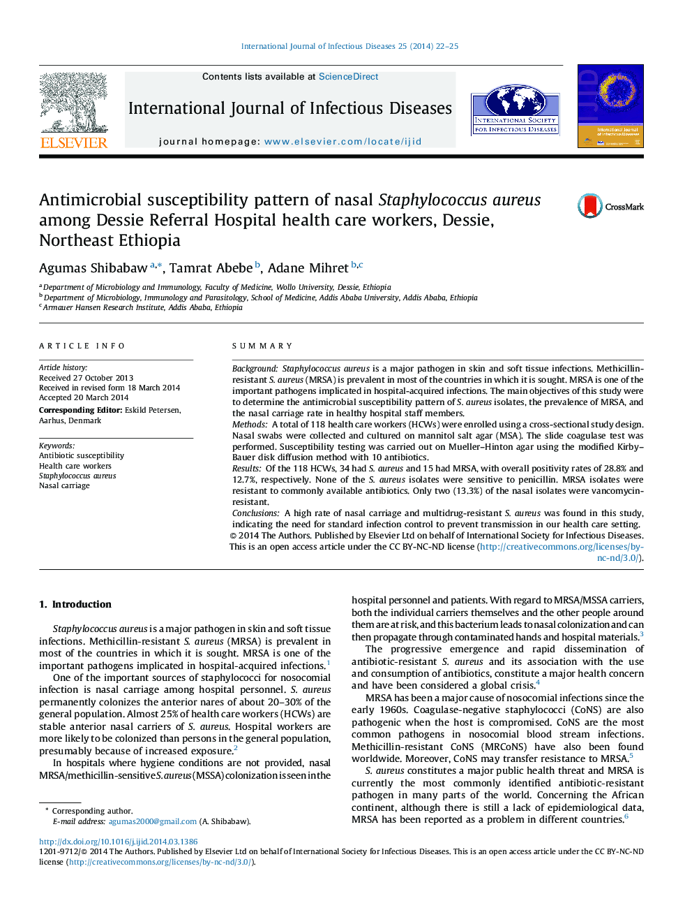 الگوی حساسیت ضد میکروبی استافیلوکوکوس اورئوس بینی در بین کارکنان مراقبت های بهداشتی بیمارستان دسی، شمال شرقی اتیوپی 