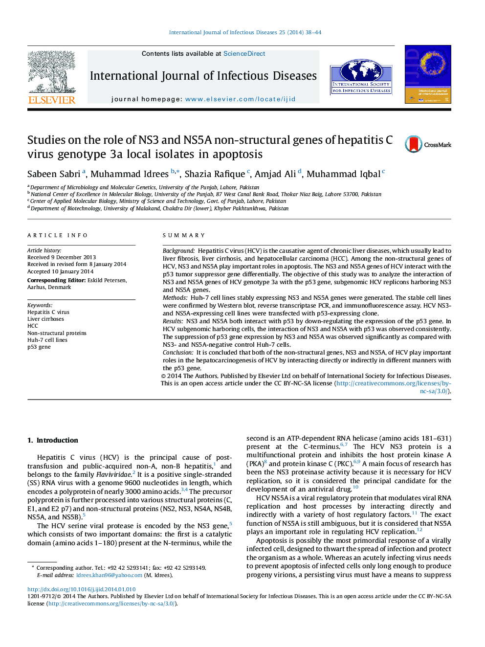 Studies on the role of NS3 and NS5A non-structural genes of hepatitis C virus genotype 3a local isolates in apoptosis