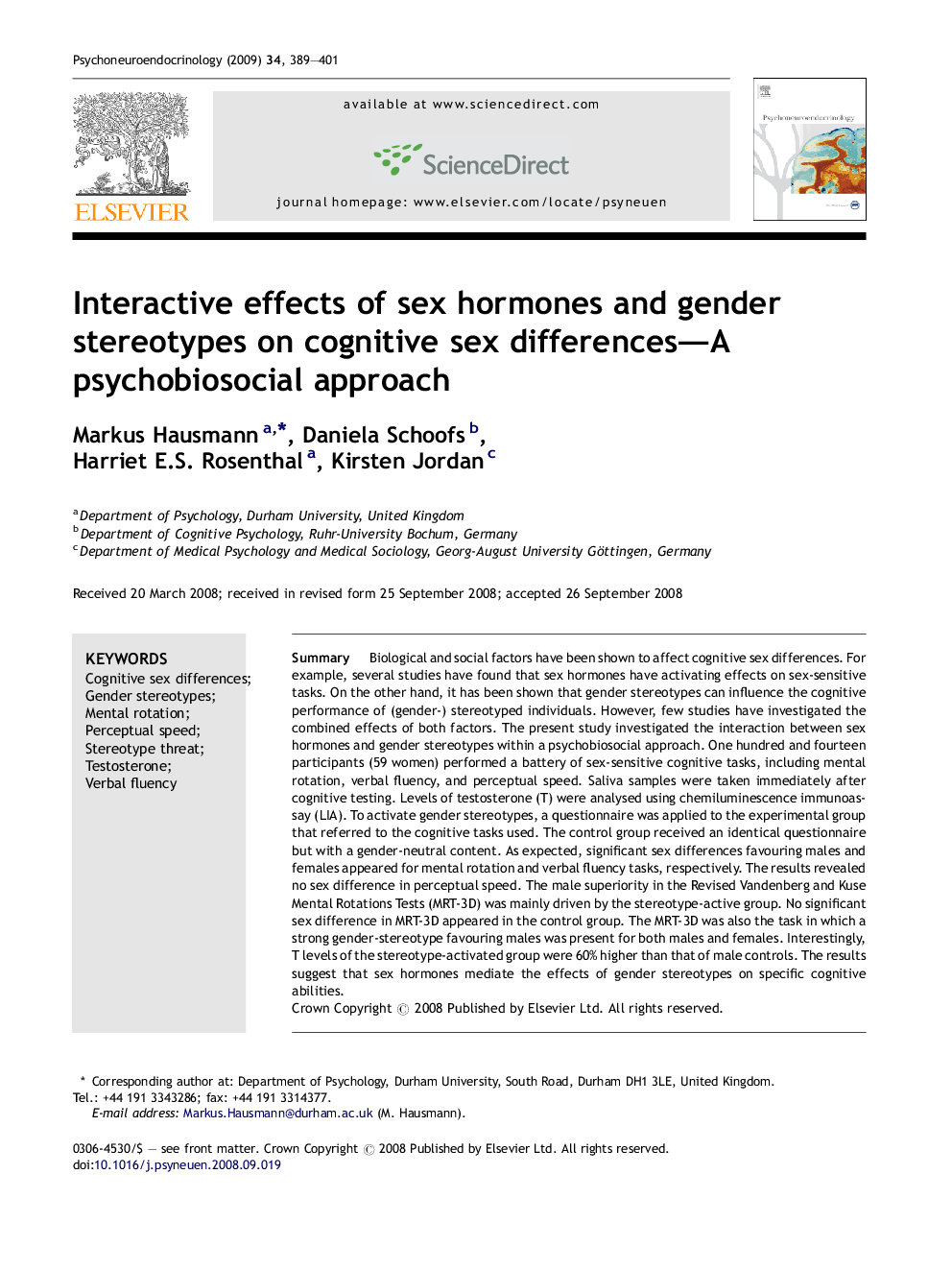 Interactive effects of sex hormones and gender stereotypes on cognitive sex differences—A psychobiosocial approach