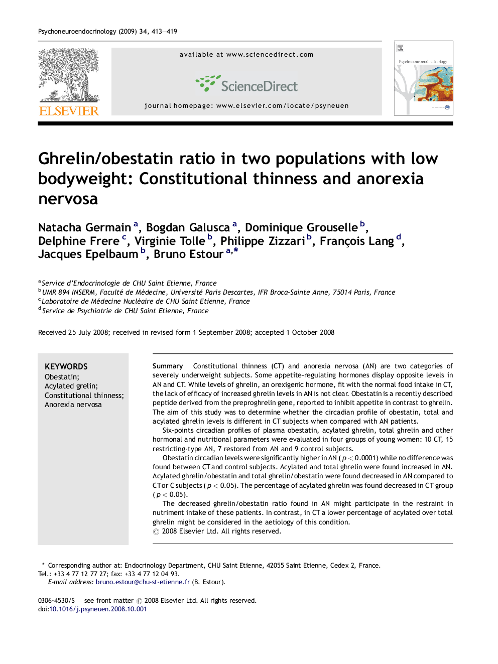 Ghrelin/obestatin ratio in two populations with low bodyweight: Constitutional thinness and anorexia nervosa