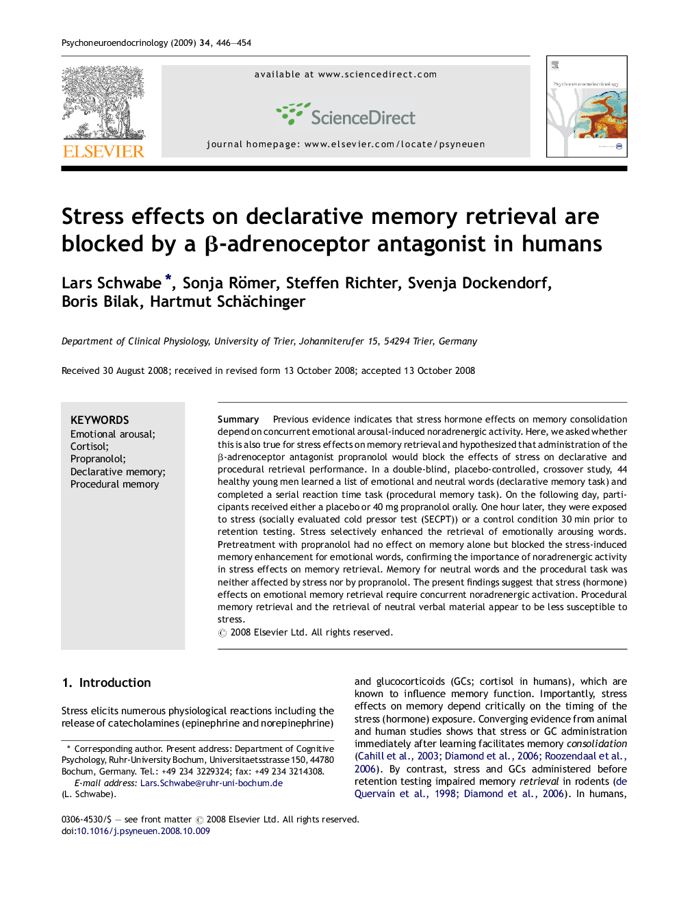 Stress effects on declarative memory retrieval are blocked by a β-adrenoceptor antagonist in humans