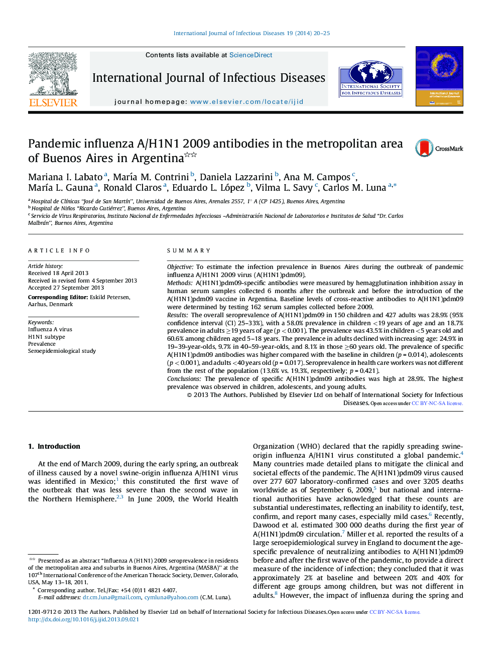 Pandemic influenza A/H1N1 2009 antibodies in the metropolitan area of Buenos Aires in Argentina 