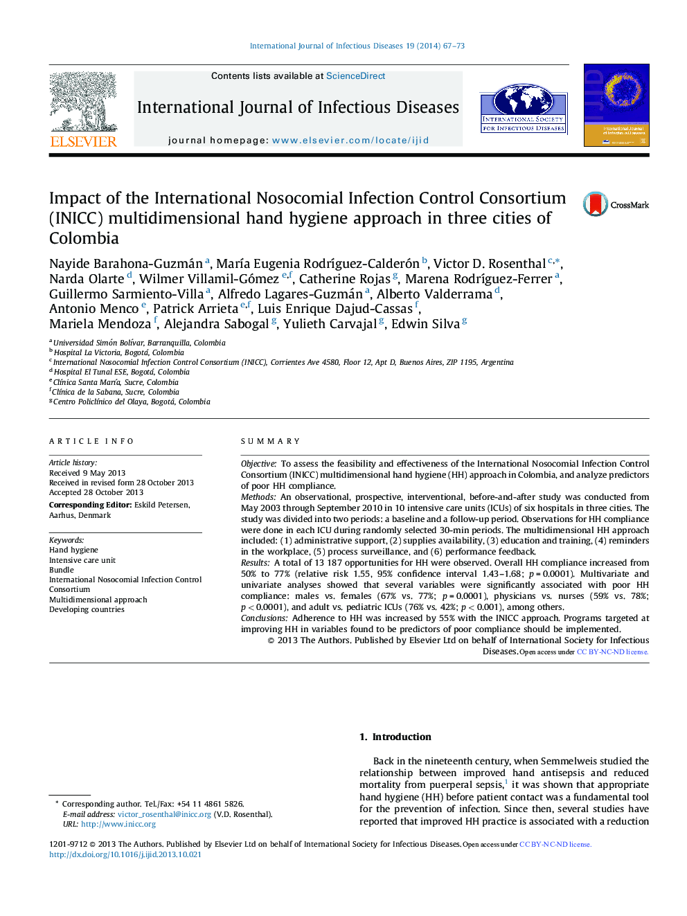 Impact of the International Nosocomial Infection Control Consortium (INICC) multidimensional hand hygiene approach in three cities of Colombia