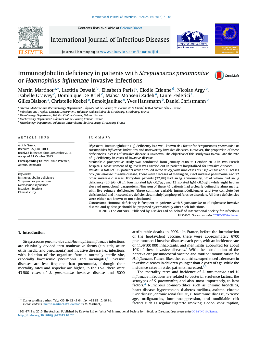 Immunoglobulin deficiency in patients with Streptococcus pneumoniae or Haemophilus influenzae invasive infections