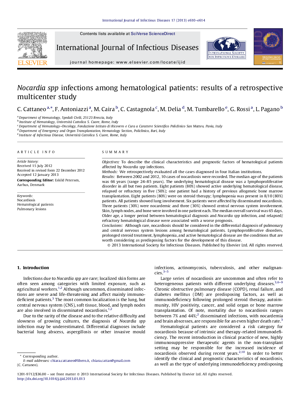 Nocardia spp infections among hematological patients: results of a retrospective multicenter study