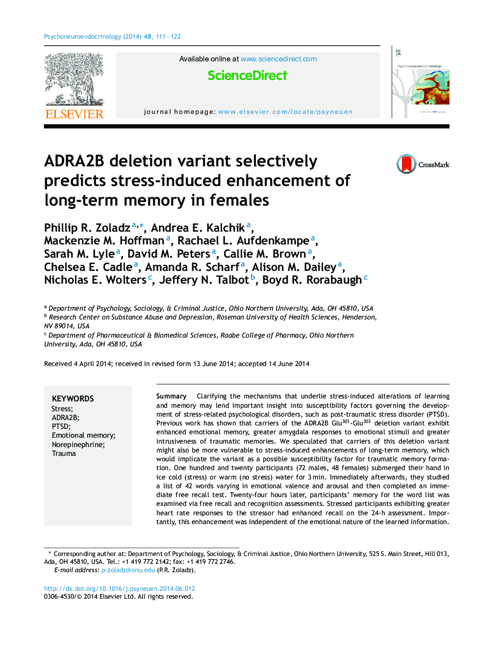 ADRA2B deletion variant selectively predicts stress-induced enhancement of long-term memory in females