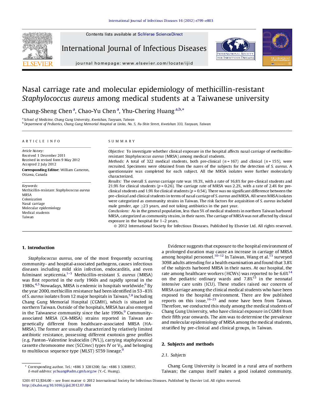 Nasal carriage rate and molecular epidemiology of methicillin-resistant Staphylococcus aureus among medical students at a Taiwanese university