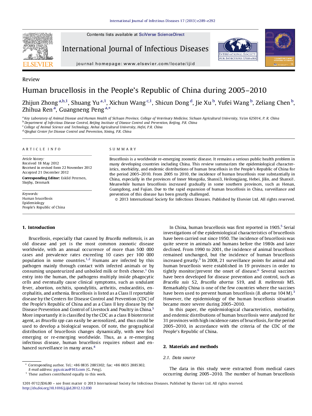 Human brucellosis in the People's Republic of China during 2005–2010