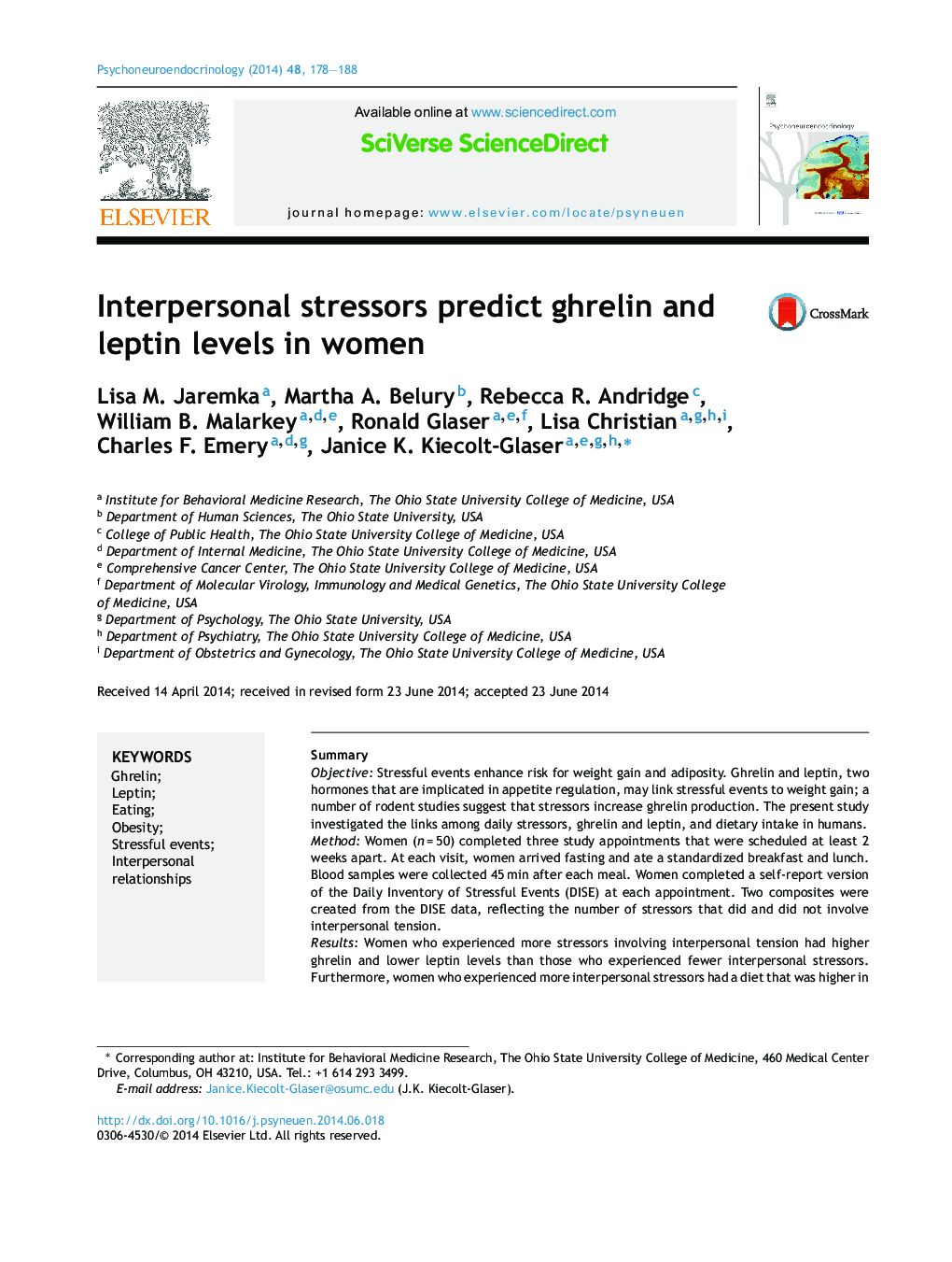 Interpersonal stressors predict ghrelin and leptin levels in women