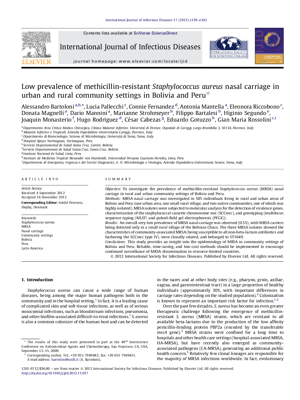 Low prevalence of methicillin-resistant Staphylococcus aureus nasal carriage in urban and rural community settings in Bolivia and Peru 