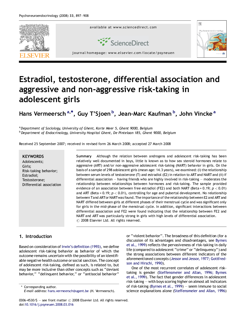 Estradiol, testosterone, differential association and aggressive and non-aggressive risk-taking in adolescent girls