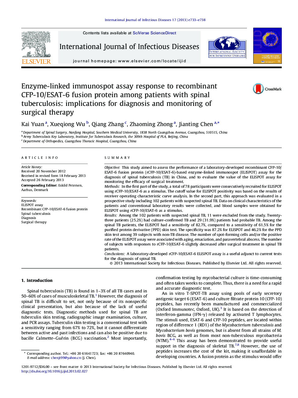 Enzyme-linked immunospot assay response to recombinant CFP-10/ESAT-6 fusion protein among patients with spinal tuberculosis: implications for diagnosis and monitoring of surgical therapy