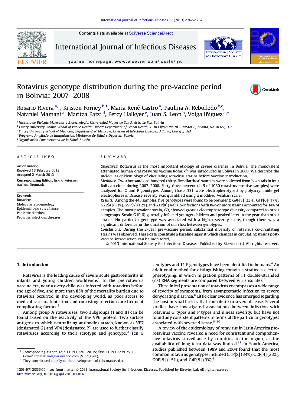 Rotavirus genotype distribution during the pre-vaccine period in Bolivia: 2007–2008