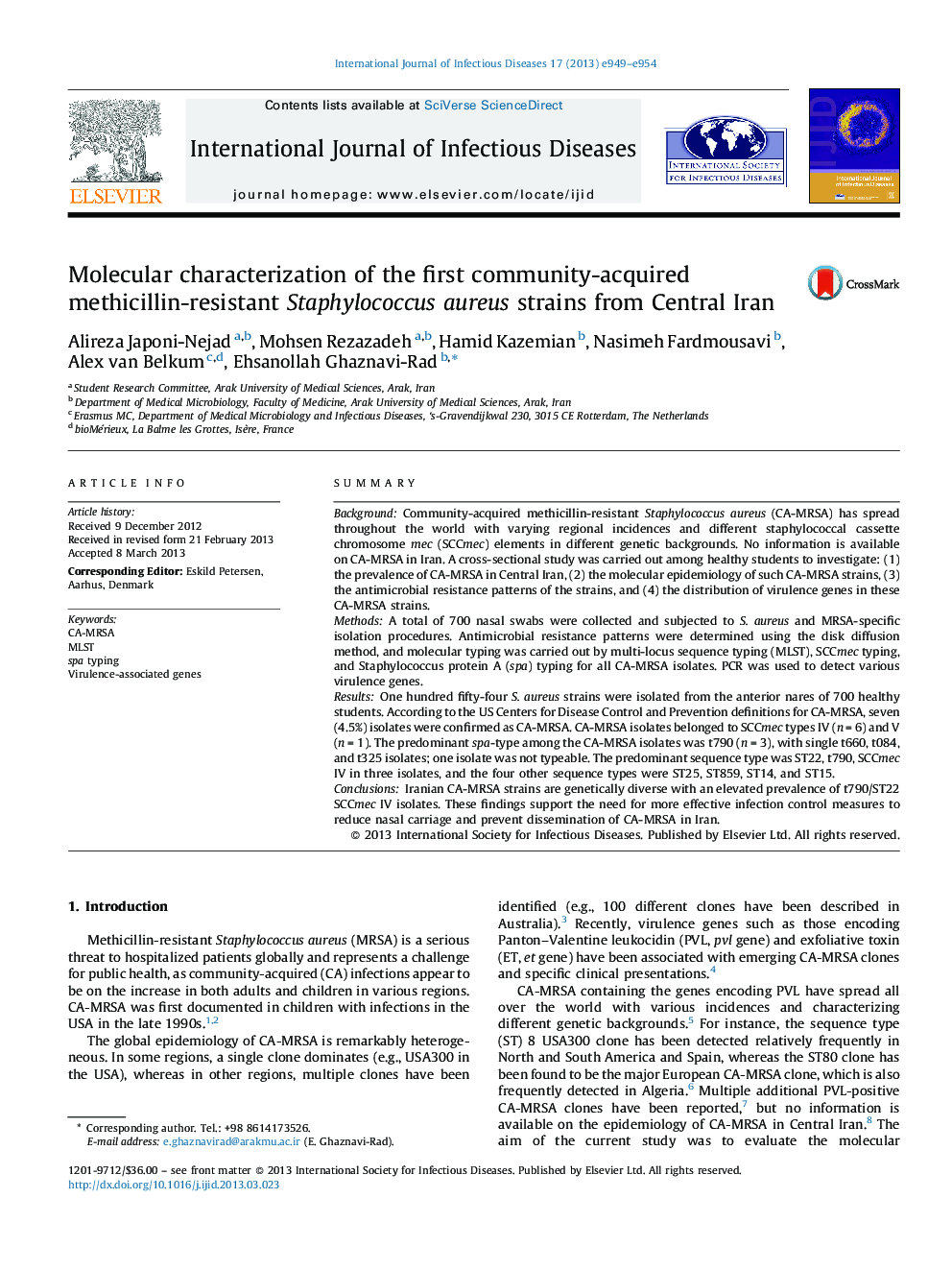 Molecular characterization of the first community-acquired methicillin-resistant Staphylococcus aureus strains from Central Iran