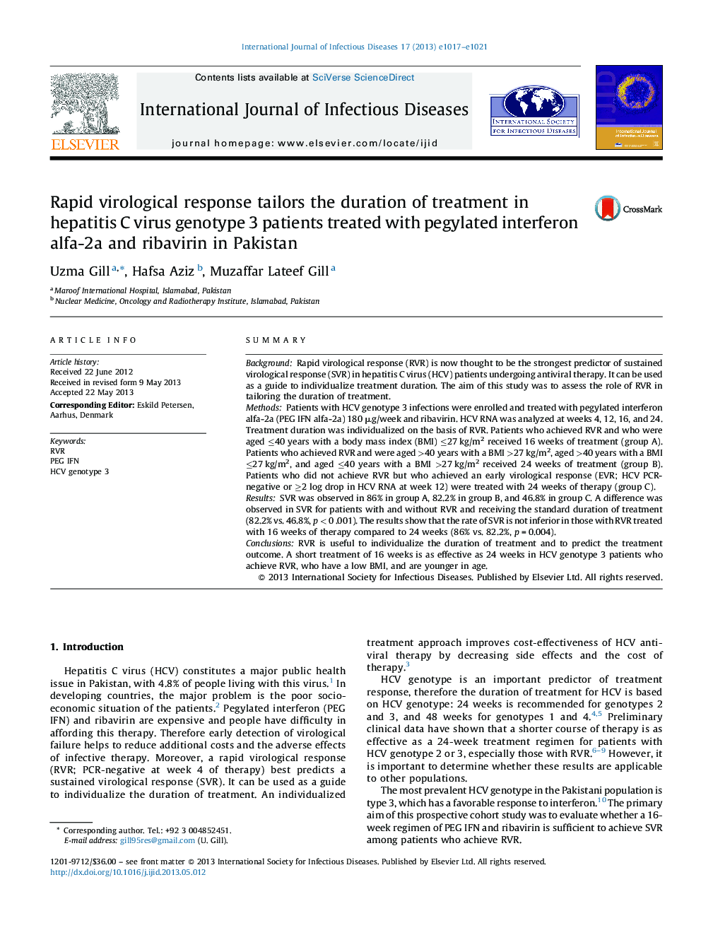 Rapid virological response tailors the duration of treatment in hepatitis C virus genotype 3 patients treated with pegylated interferon alfa-2a and ribavirin in Pakistan