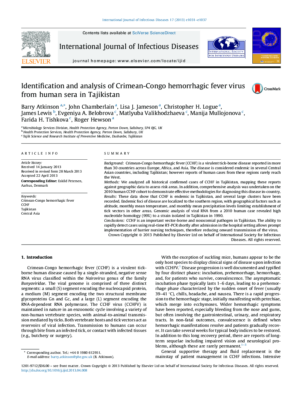 Identification and analysis of Crimean-Congo hemorrhagic fever virus from human sera in Tajikistan