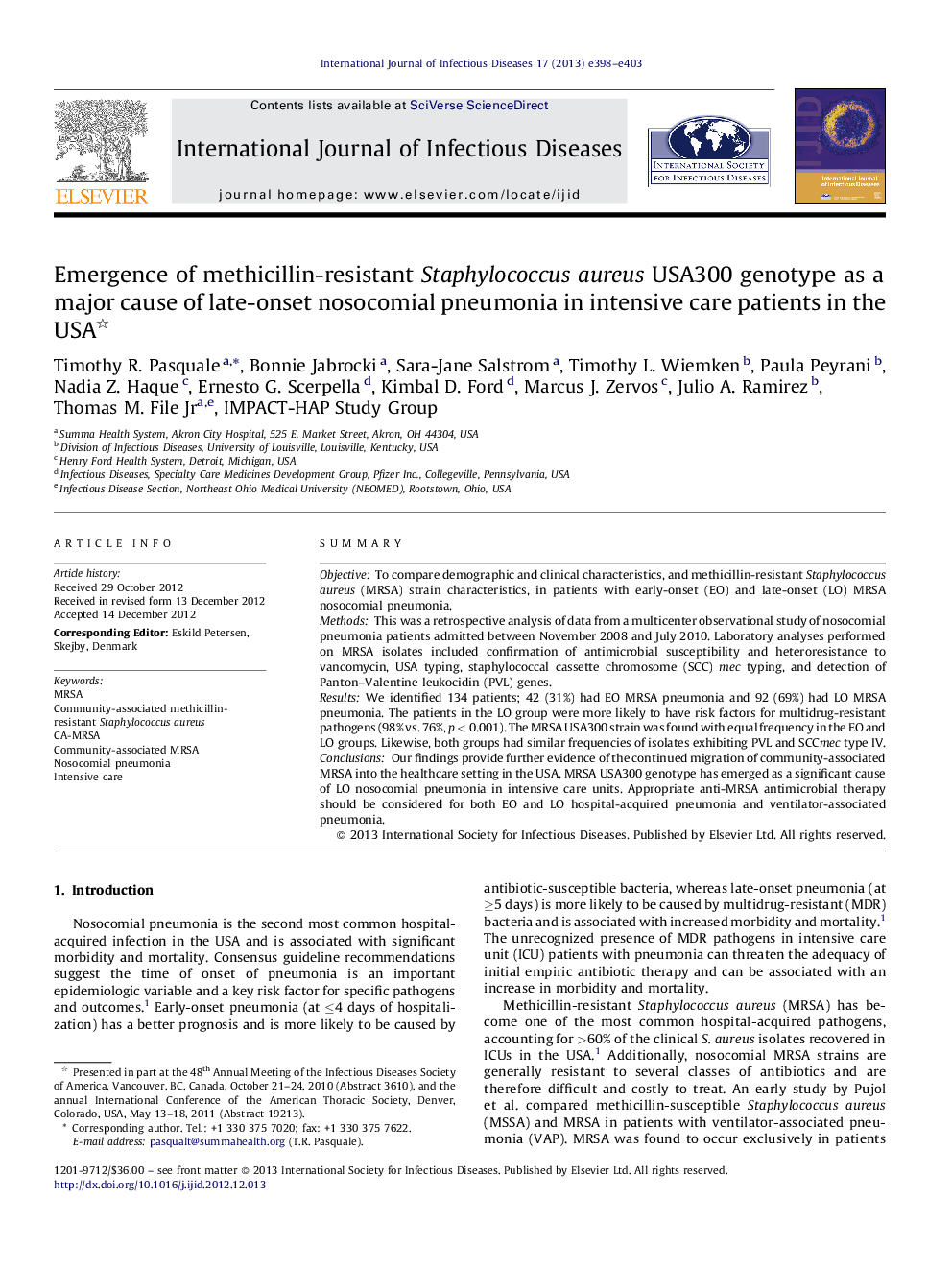 Emergence of methicillin-resistant Staphylococcus aureus USA300 genotype as a major cause of late-onset nosocomial pneumonia in intensive care patients in the USA 