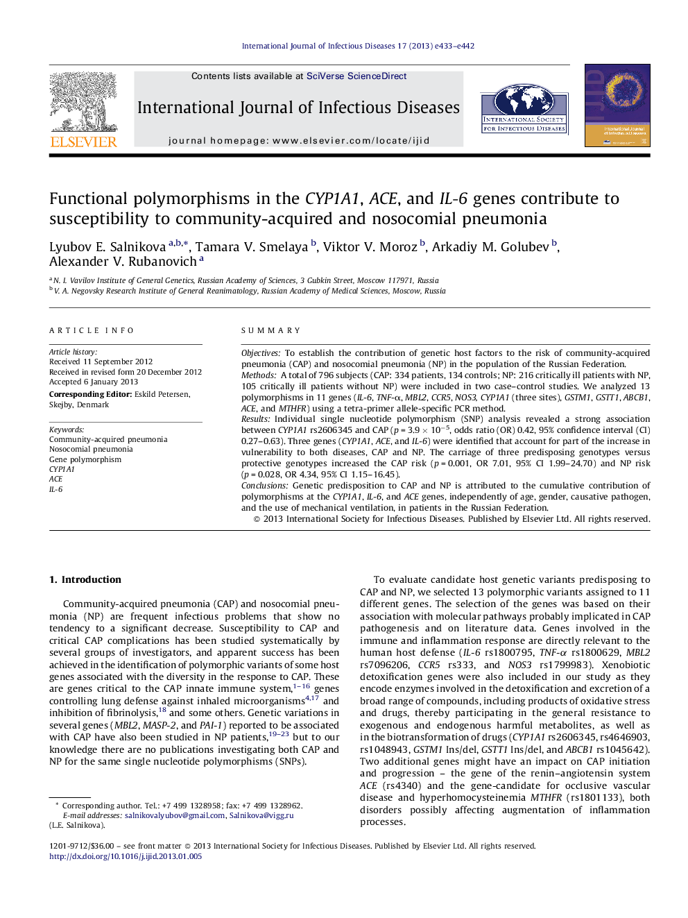 Functional polymorphisms in the CYP1A1, ACE, and IL-6 genes contribute to susceptibility to community-acquired and nosocomial pneumonia