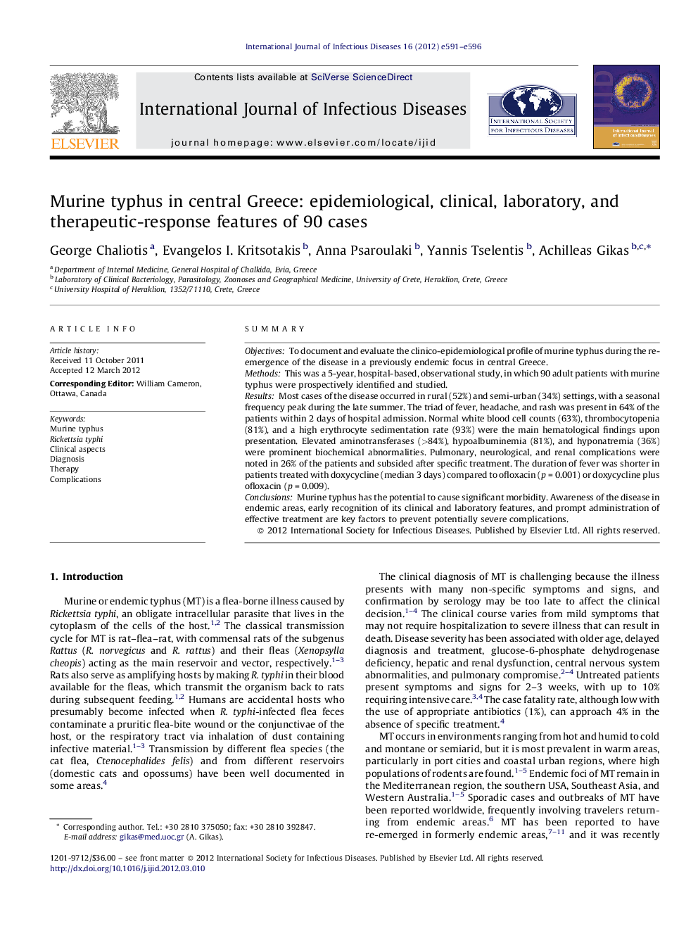 Murine typhus in central Greece: epidemiological, clinical, laboratory, and therapeutic-response features of 90 cases