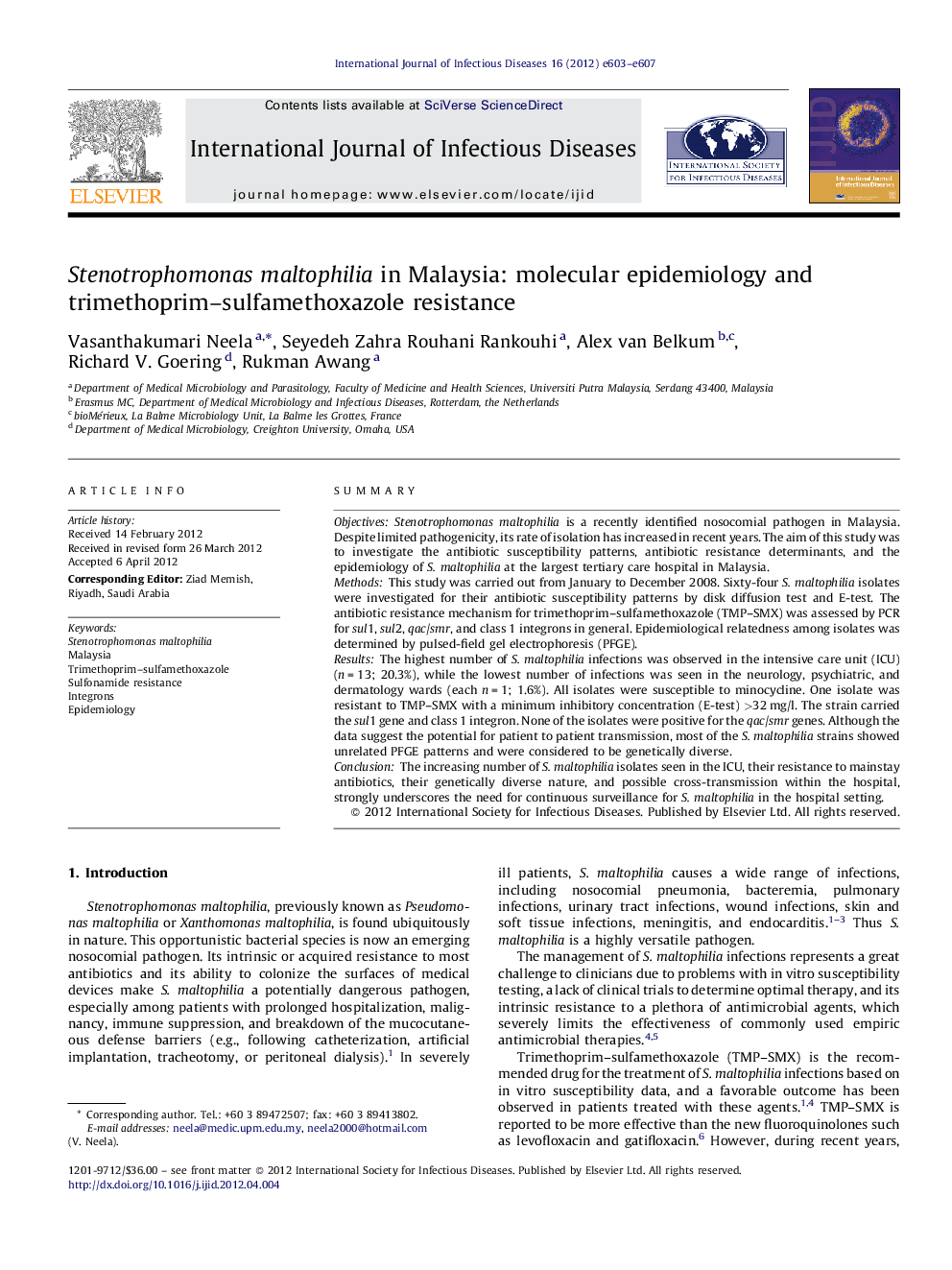 Stenotrophomonas maltophilia in Malaysia: molecular epidemiology and trimethoprim–sulfamethoxazole resistance