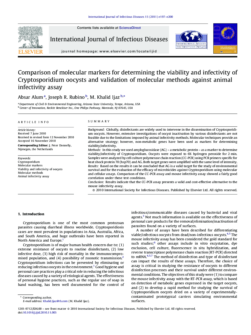 Comparison of molecular markers for determining the viability and infectivity of Cryptosporidium oocysts and validation of molecular methods against animal infectivity assay