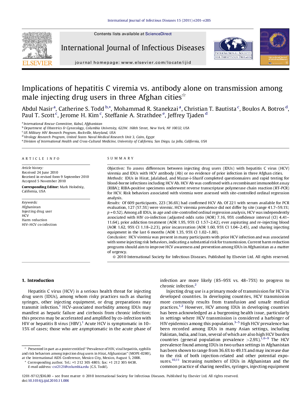 Implications of hepatitis C viremia vs. antibody alone on transmission among male injecting drug users in three Afghan cities 