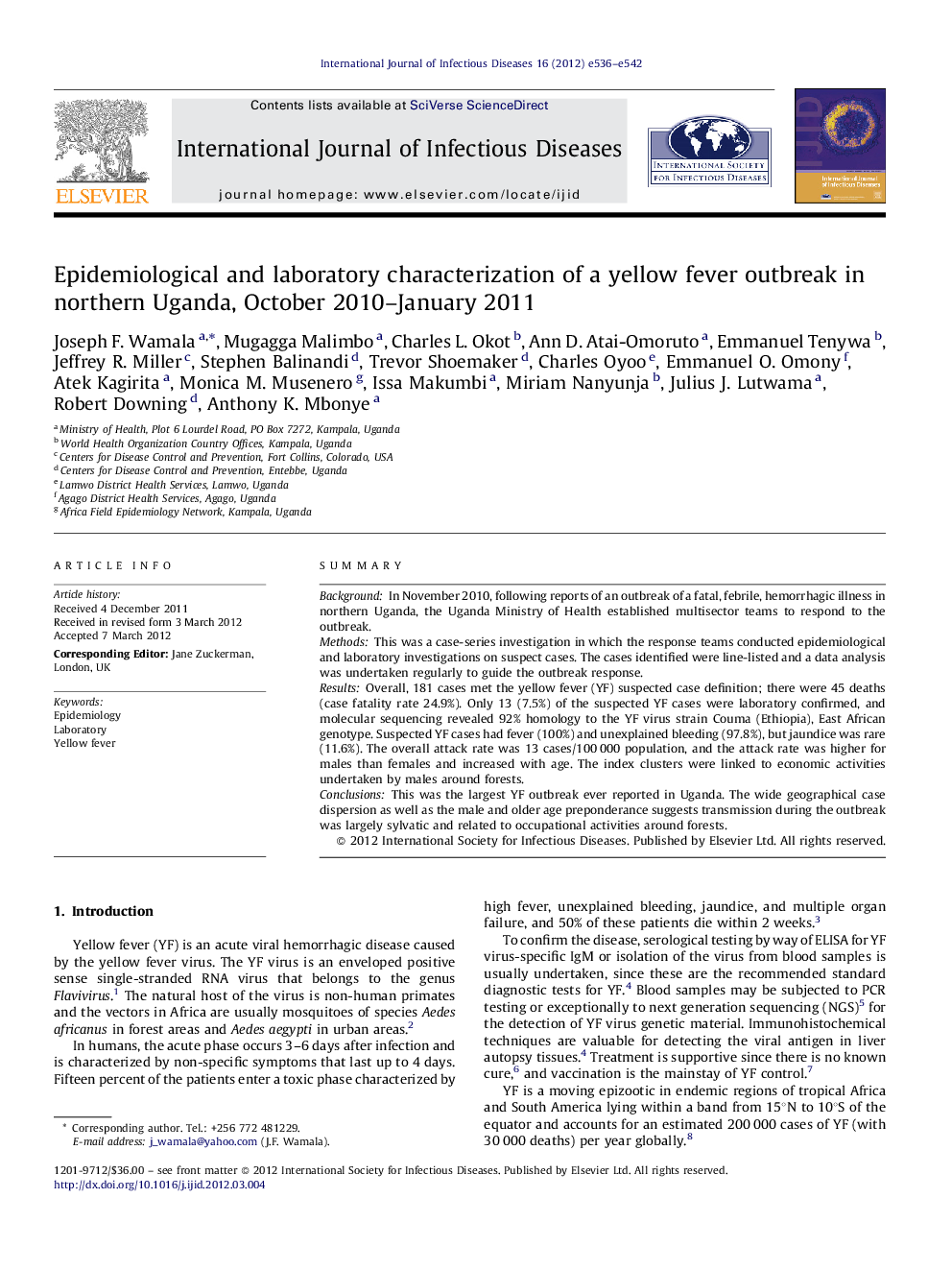 Epidemiological and laboratory characterization of a yellow fever outbreak in northern Uganda, October 2010–January 2011