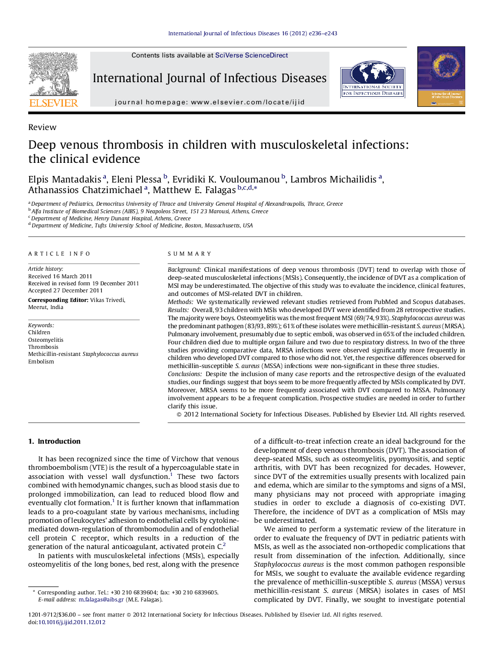 Deep venous thrombosis in children with musculoskeletal infections: the clinical evidence