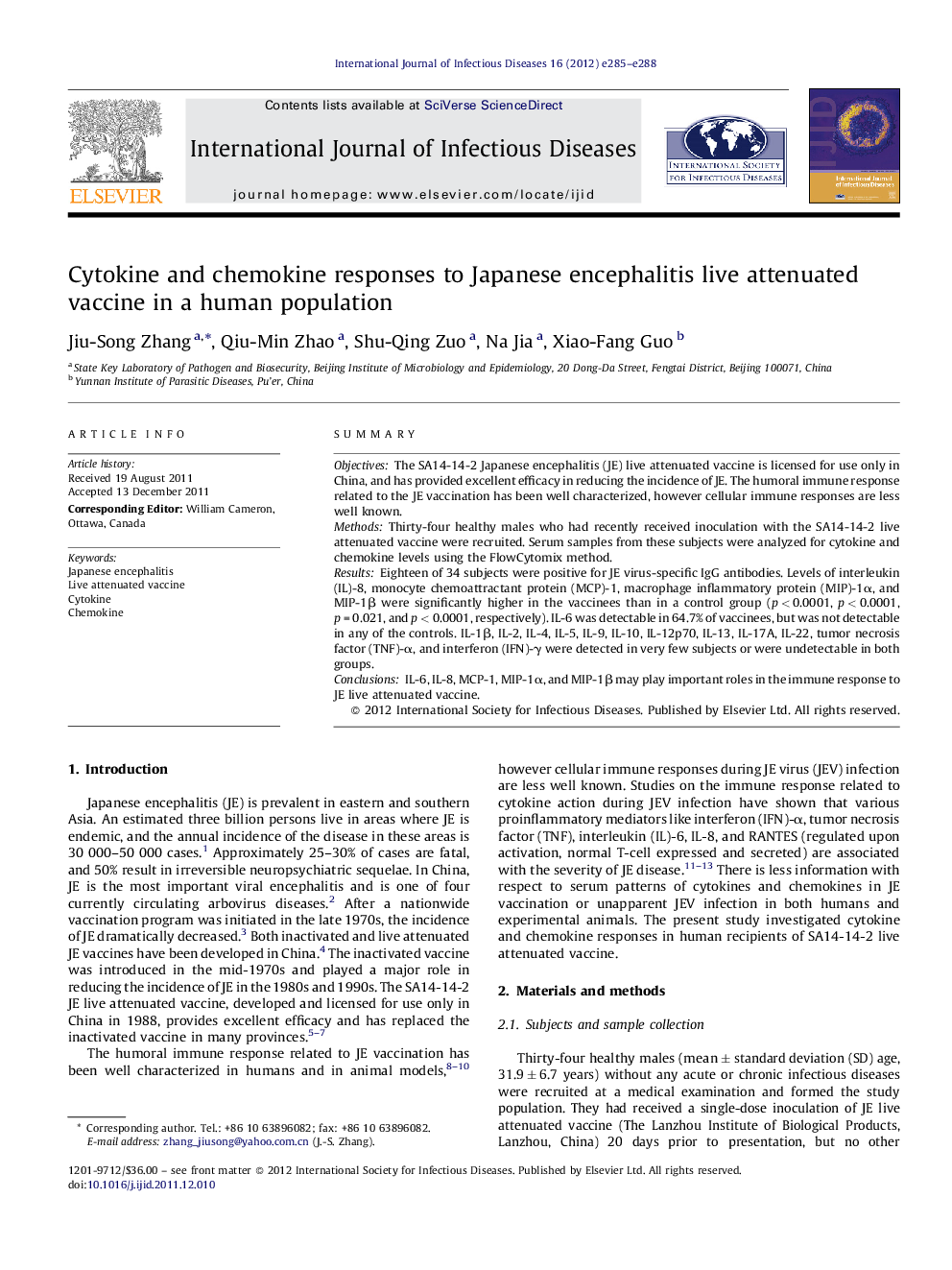 Cytokine and chemokine responses to Japanese encephalitis live attenuated vaccine in a human population