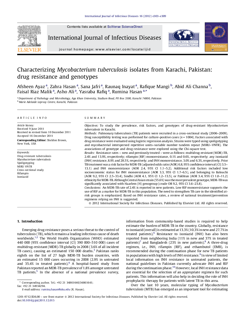 Characterizing Mycobacterium tuberculosis isolates from Karachi, Pakistan: drug resistance and genotypes