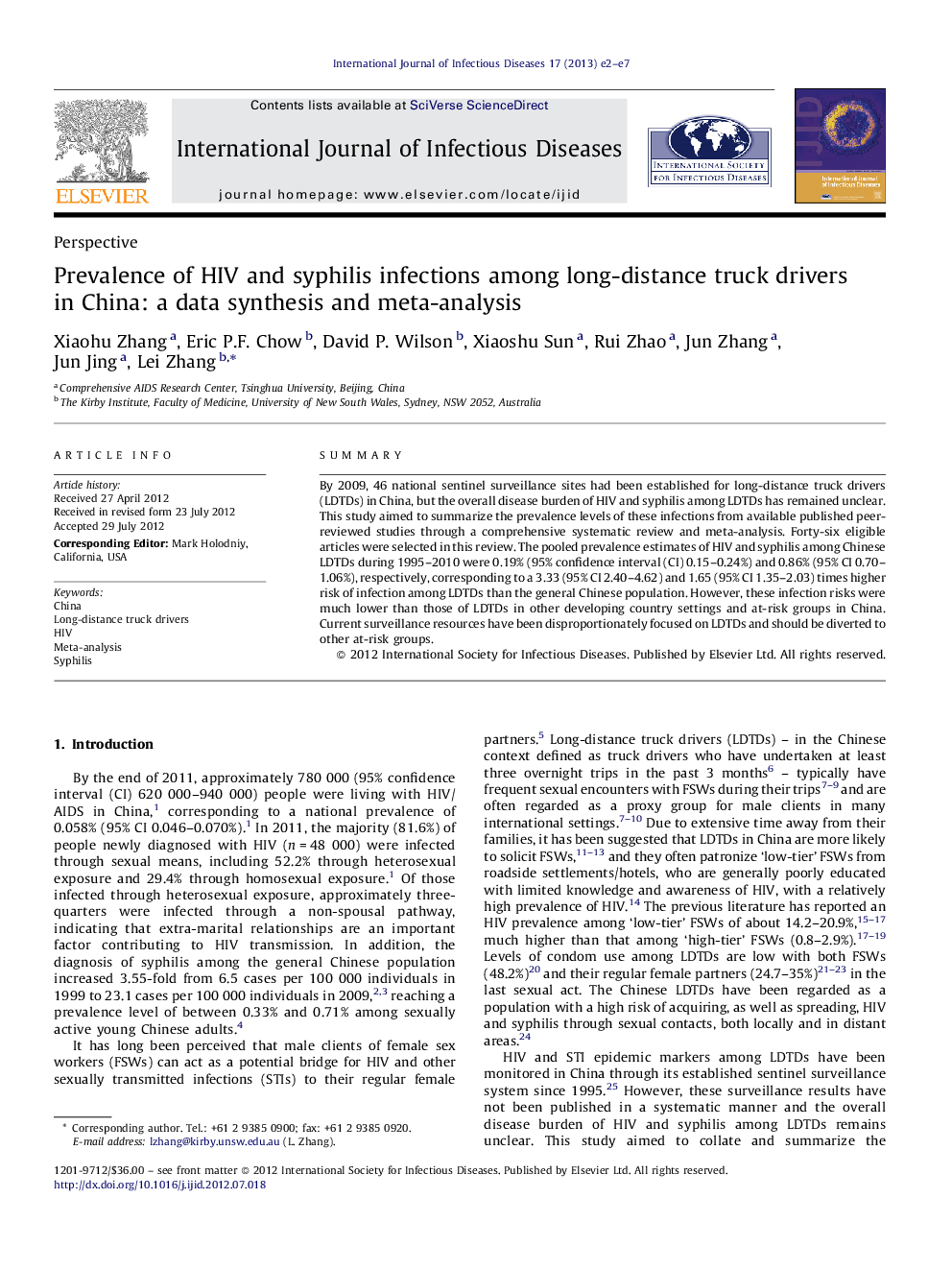 Prevalence of HIV and syphilis infections among long-distance truck drivers in China: a data synthesis and meta-analysis