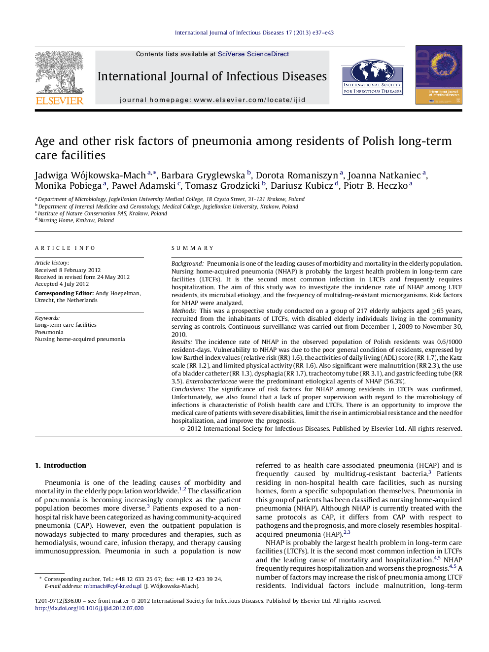 Age and other risk factors of pneumonia among residents of Polish long-term care facilities