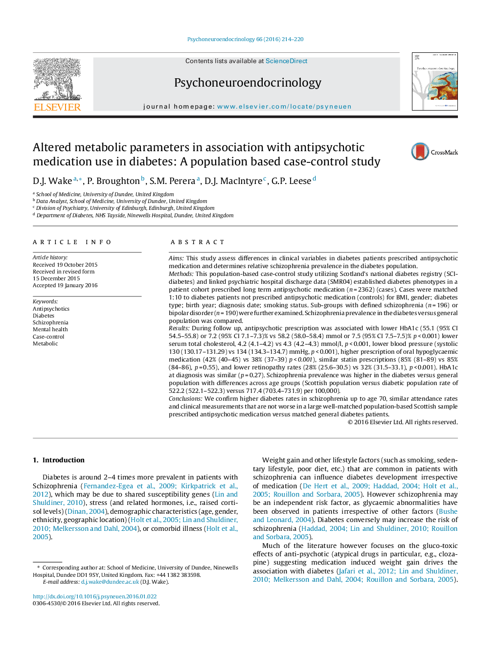 پارامترهای متابولیکی تغییریافته در ارتباط با استفاده از داروهای ضدجنون در دیابتی: یک مطالعه مورد شاهدی مبتنی بر جمعیت