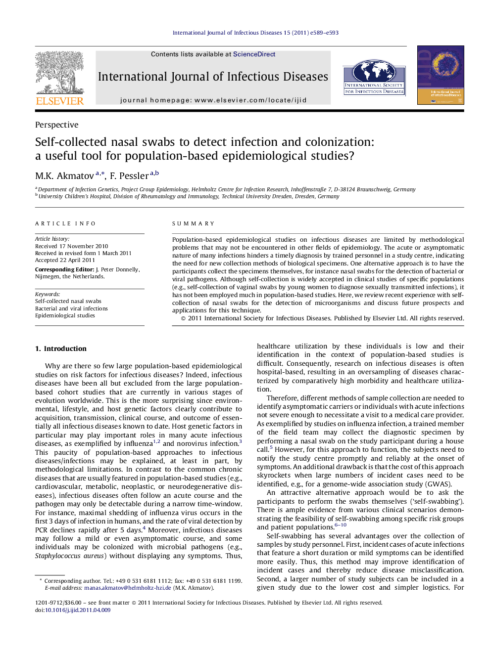 Self-collected nasal swabs to detect infection and colonization: a useful tool for population-based epidemiological studies?