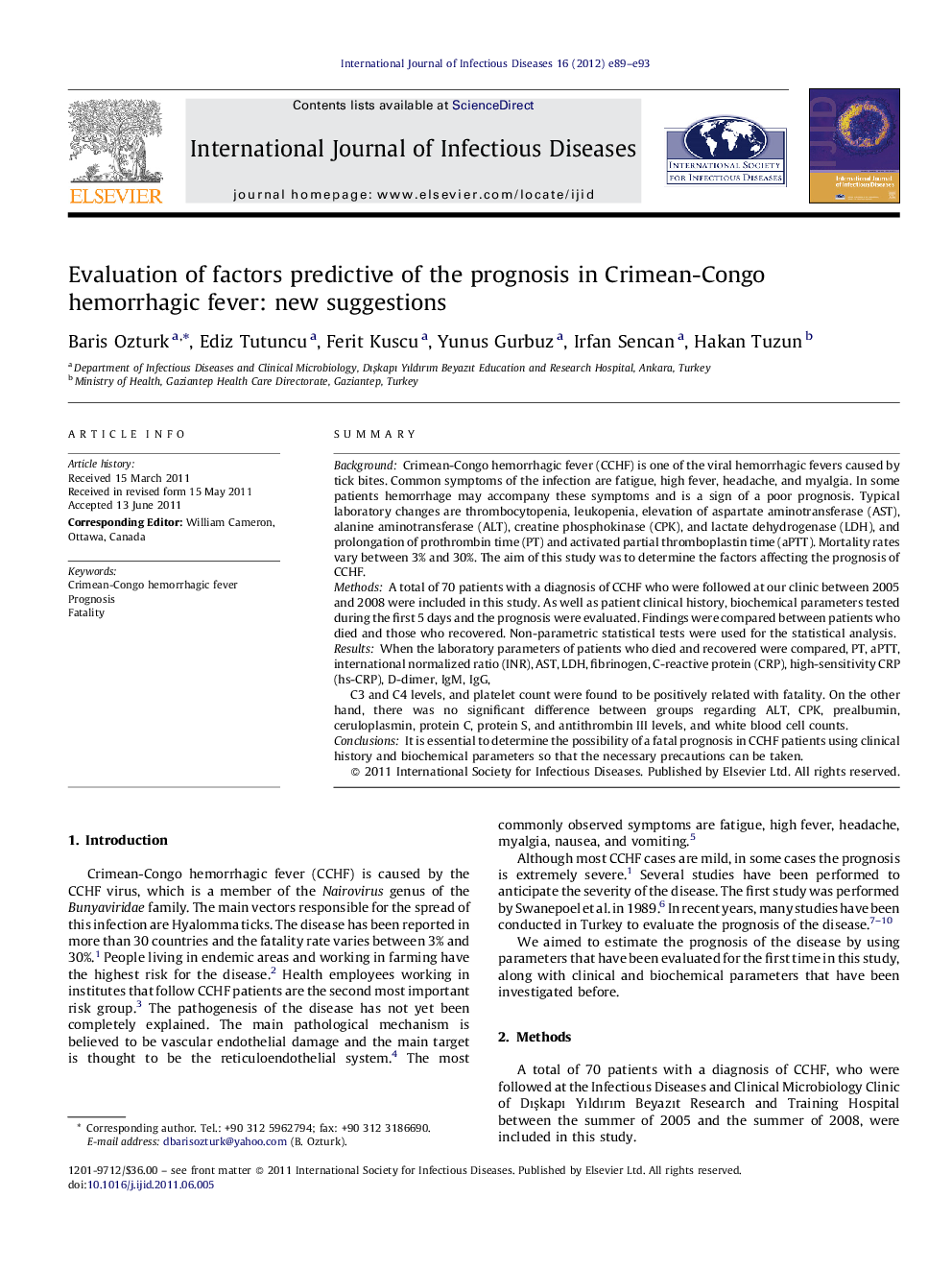 Evaluation of factors predictive of the prognosis in Crimean-Congo hemorrhagic fever: new suggestions