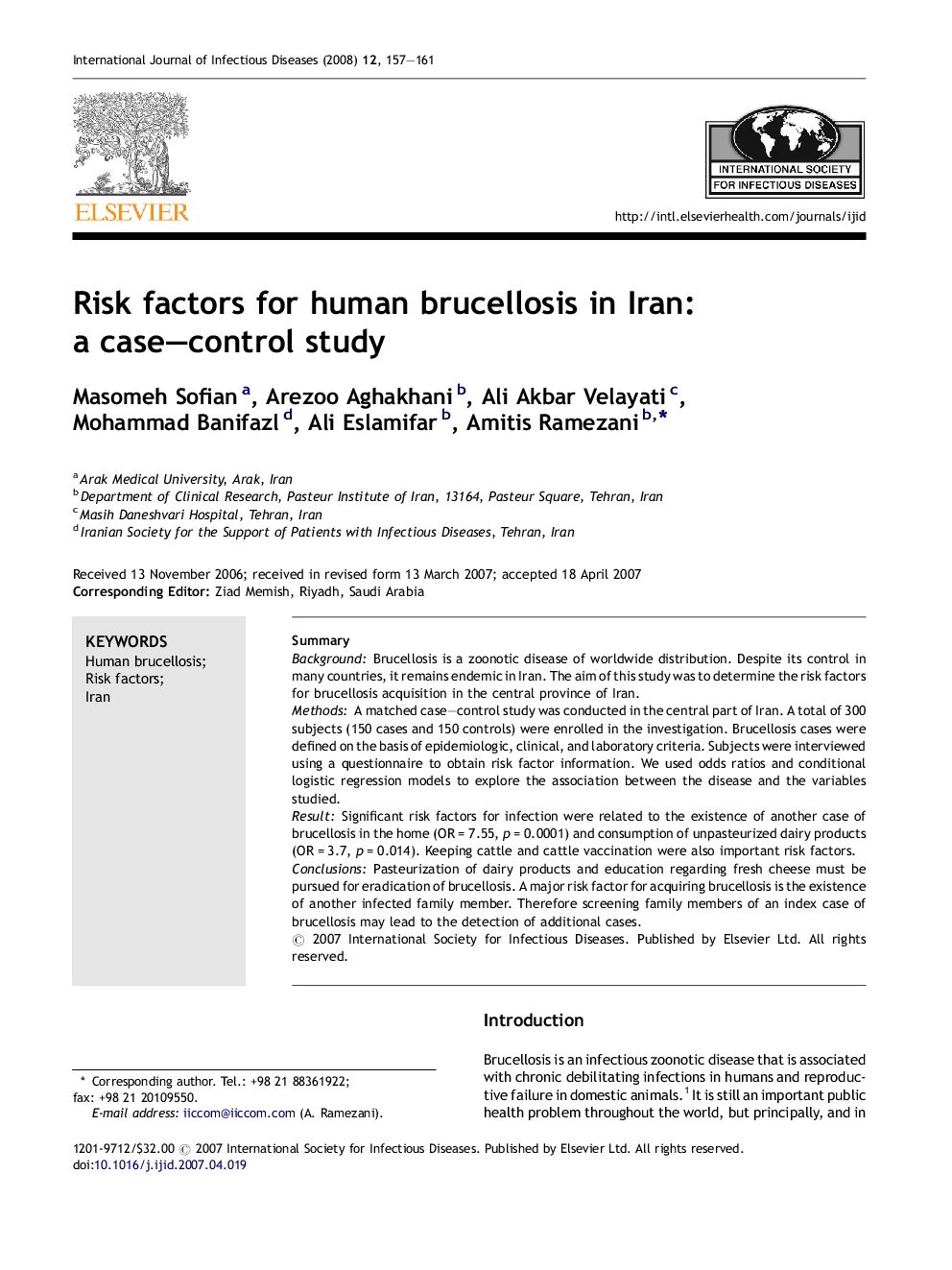 Risk factors for human brucellosis in Iran: a case–control study