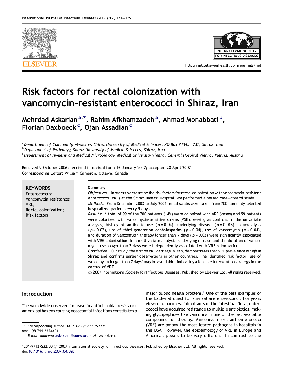 Risk factors for rectal colonization with vancomycin-resistant enterococci in Shiraz, Iran