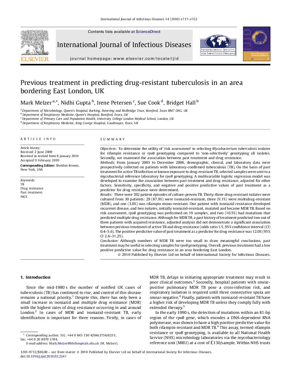 Previous treatment in predicting drug-resistant tuberculosis in an area bordering East London, UK