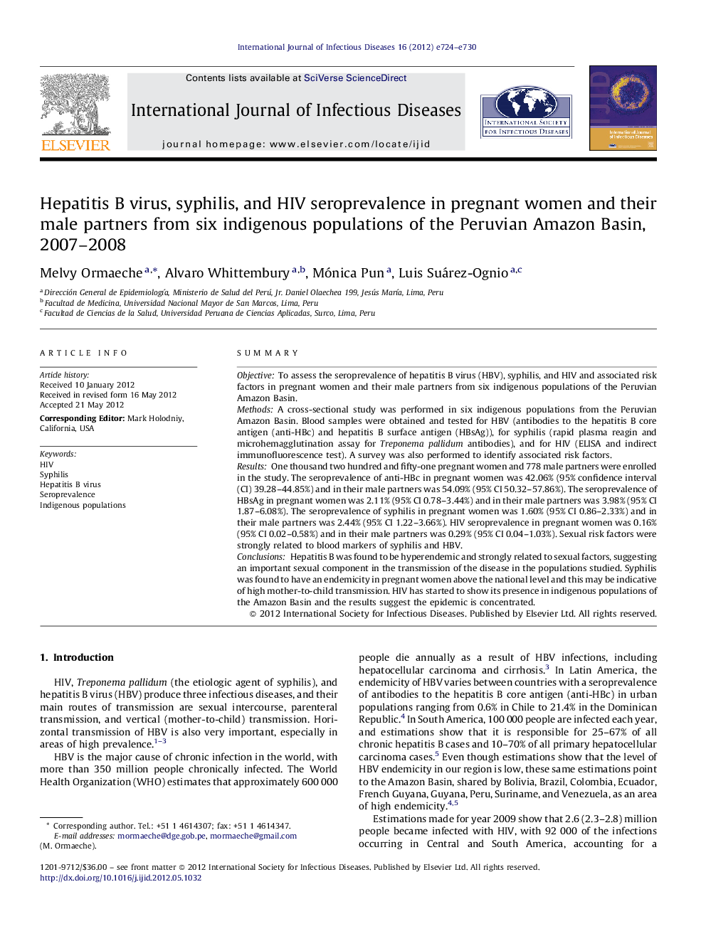 Hepatitis B virus, syphilis, and HIV seroprevalence in pregnant women and their male partners from six indigenous populations of the Peruvian Amazon Basin, 2007–2008