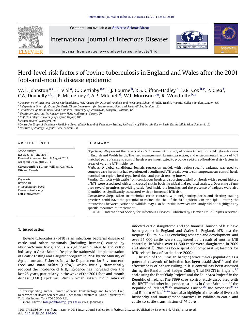 Herd-level risk factors of bovine tuberculosis in England and Wales after the 2001 foot-and-mouth disease epidemic