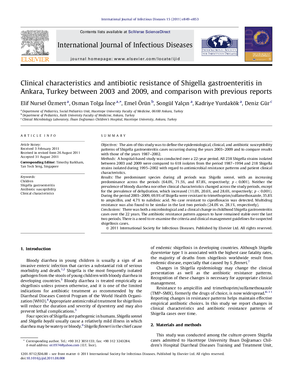 Clinical characteristics and antibiotic resistance of Shigella gastroenteritis in Ankara, Turkey between 2003 and 2009, and comparison with previous reports