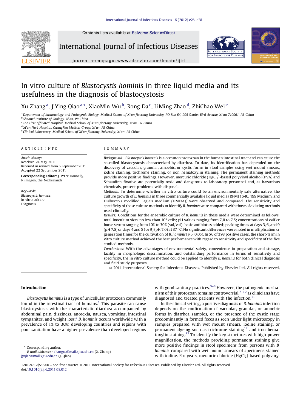 In vitro culture of Blastocystis hominis in three liquid media and its usefulness in the diagnosis of blastocystosis